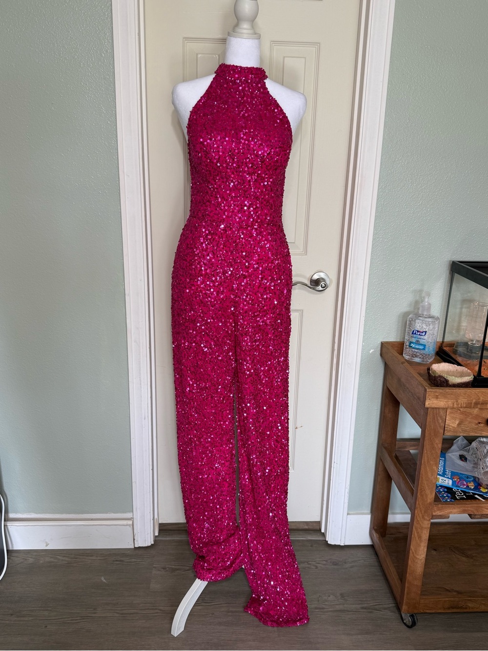 Ashley Lauren Women’s Size 6 Halter Neck Pink Romper Sequined